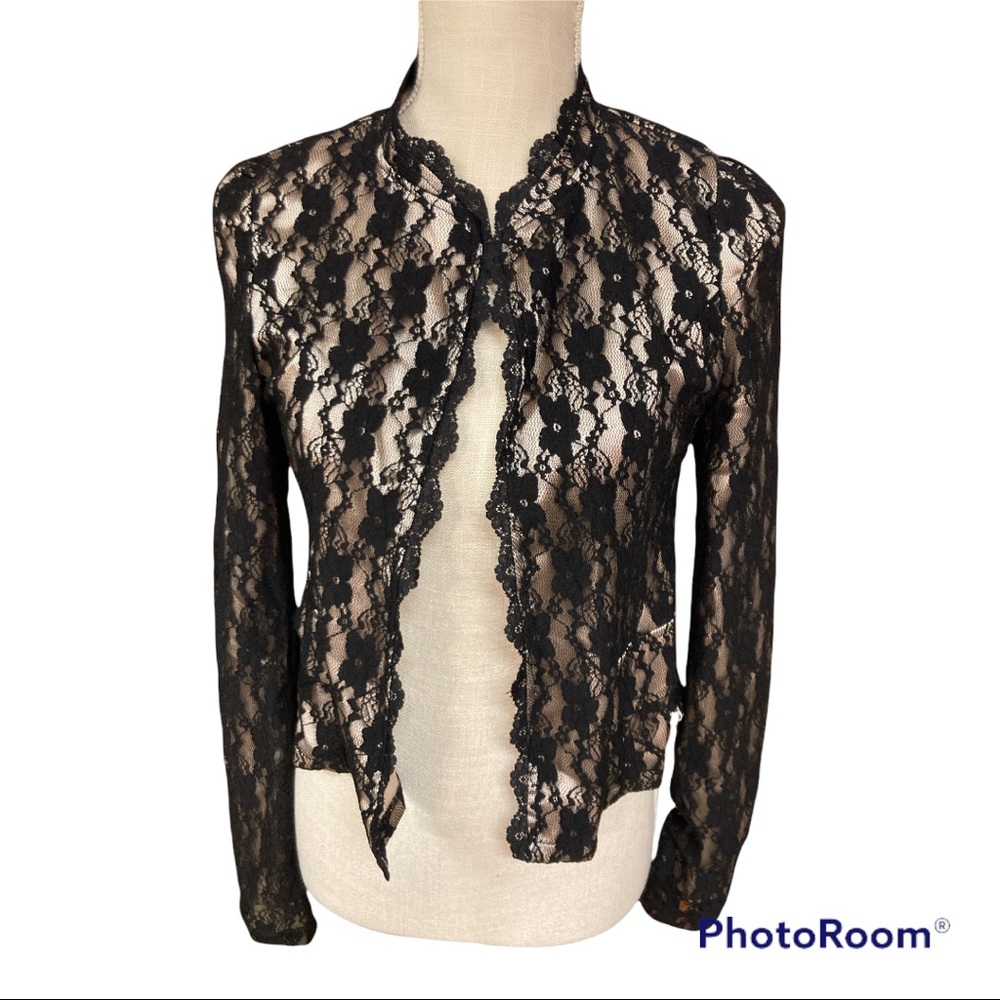 Black Lace Blazer with Sheer Floral Pattern and Cropped Design